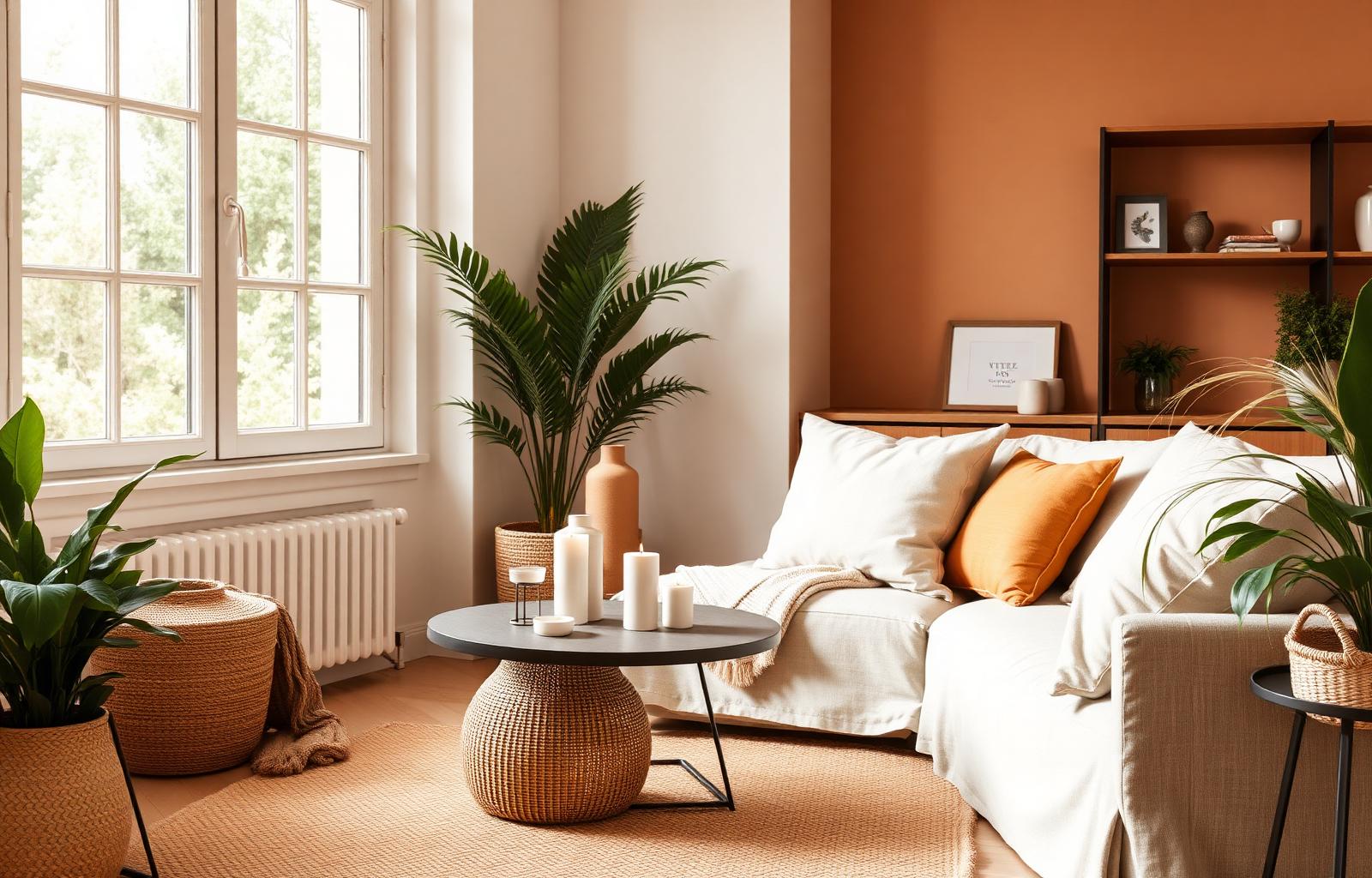 Warm minimalist living room with linen sofa, ceramic vases and natural light