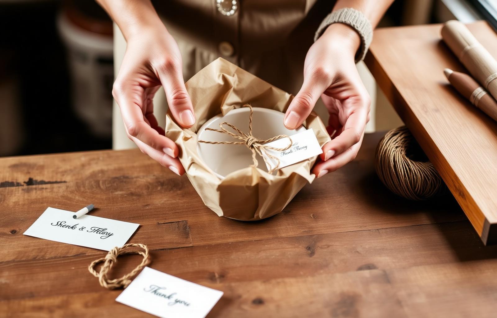 Hand-wrapped ceramic bowl in kraft paper with a thank you card